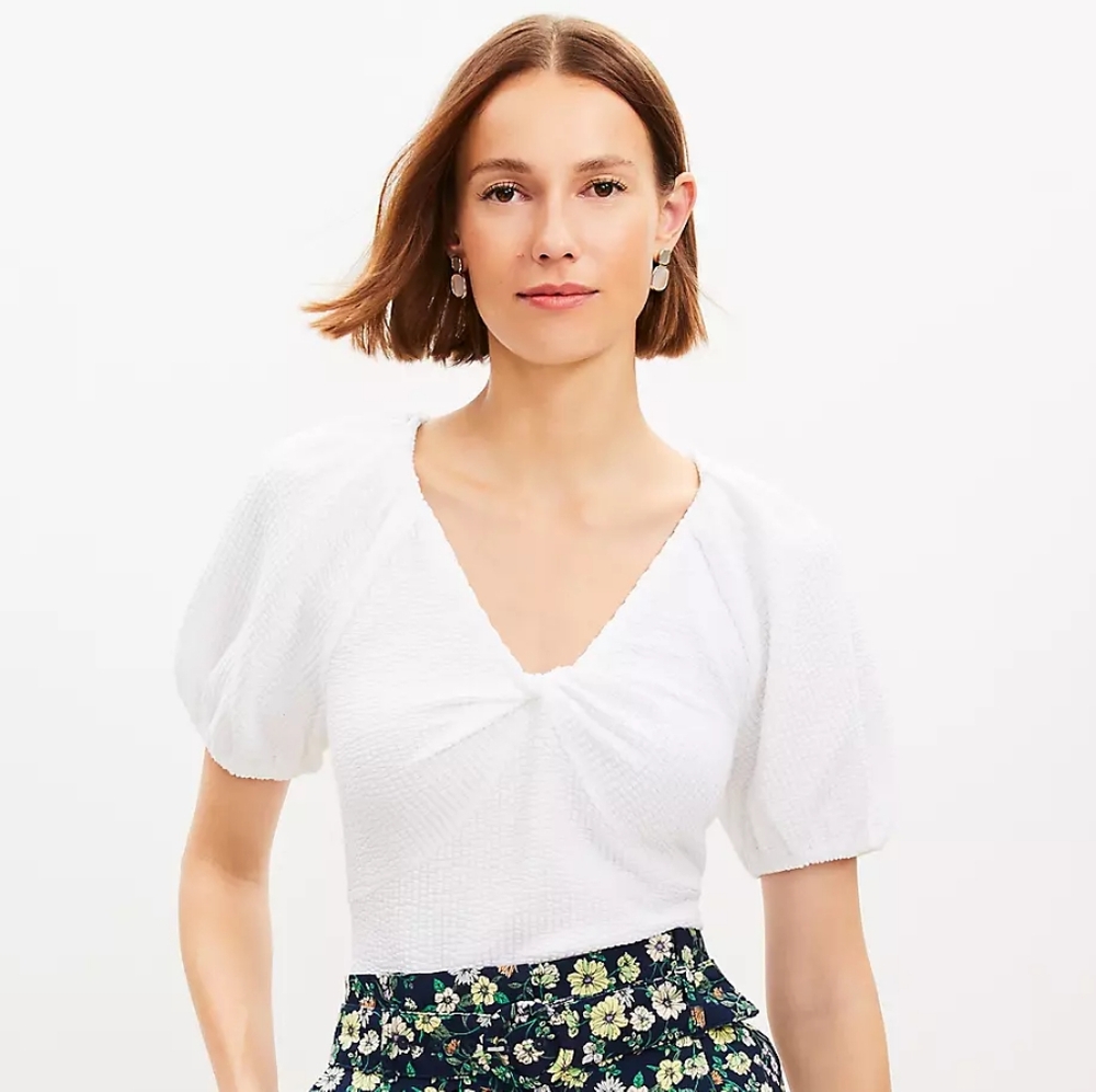 LOFT | Seersucker Twist Puff Sleeve Top